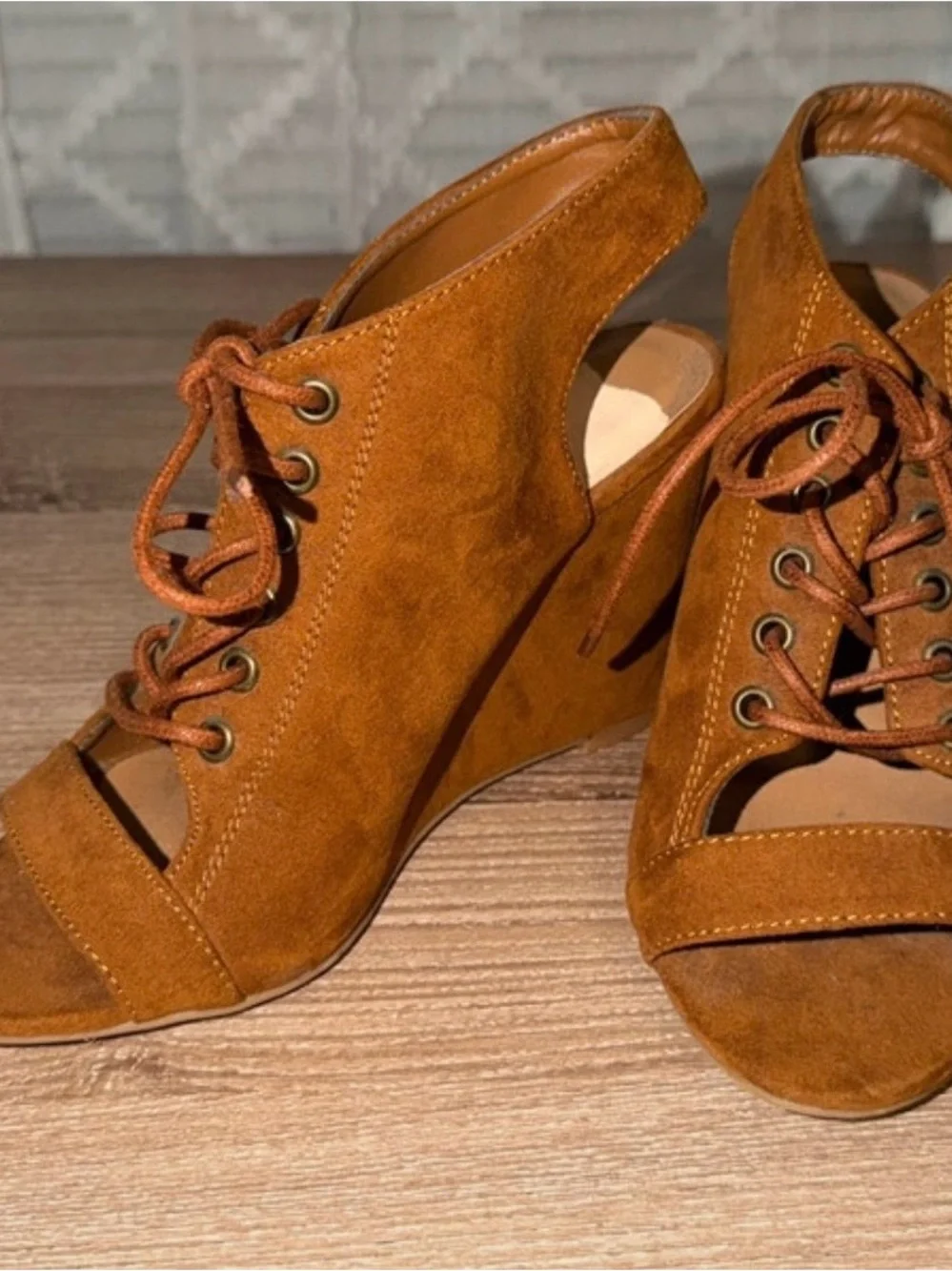 Women's Tan Lace-Up Wedge Sandals